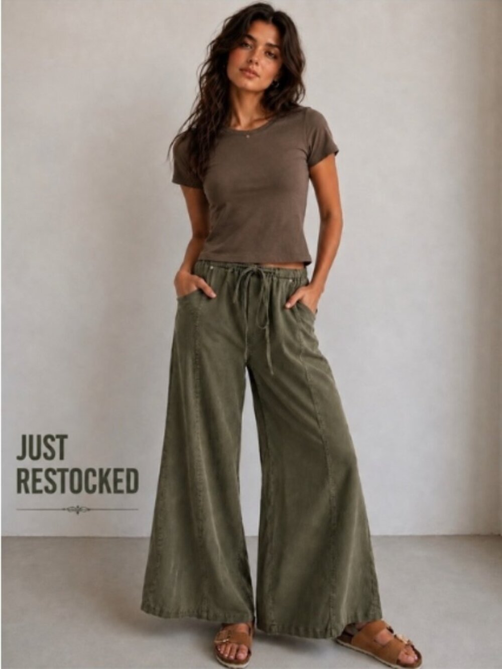 613. Women’s Olive Mineral Wash 100% COTTON Wide Leg Drawstring Pants